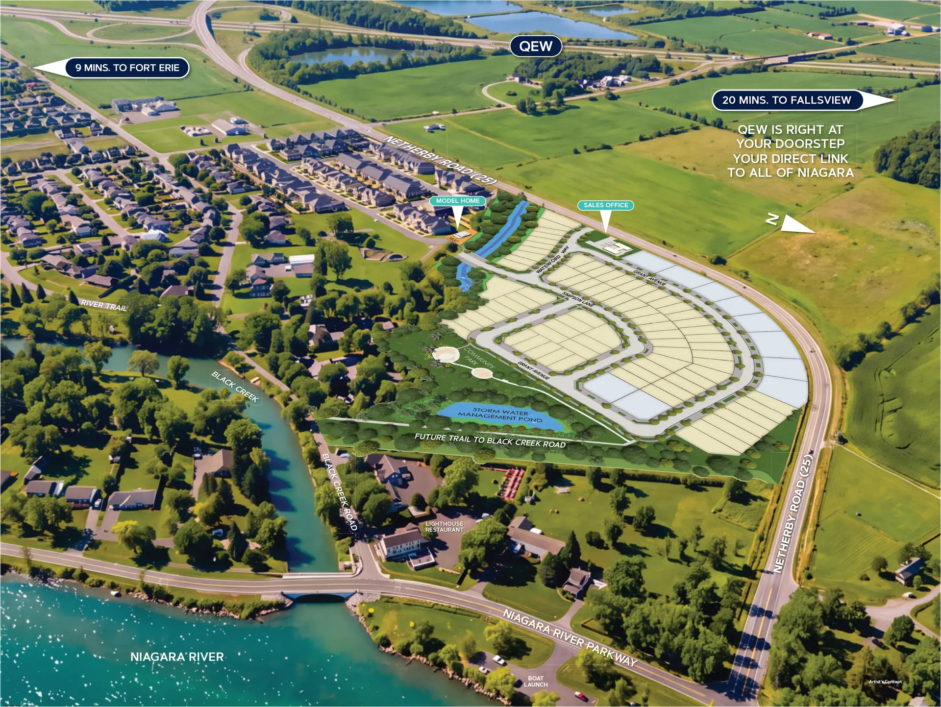 Aerial site plan of Waterford at Black Creek, Fort Erie